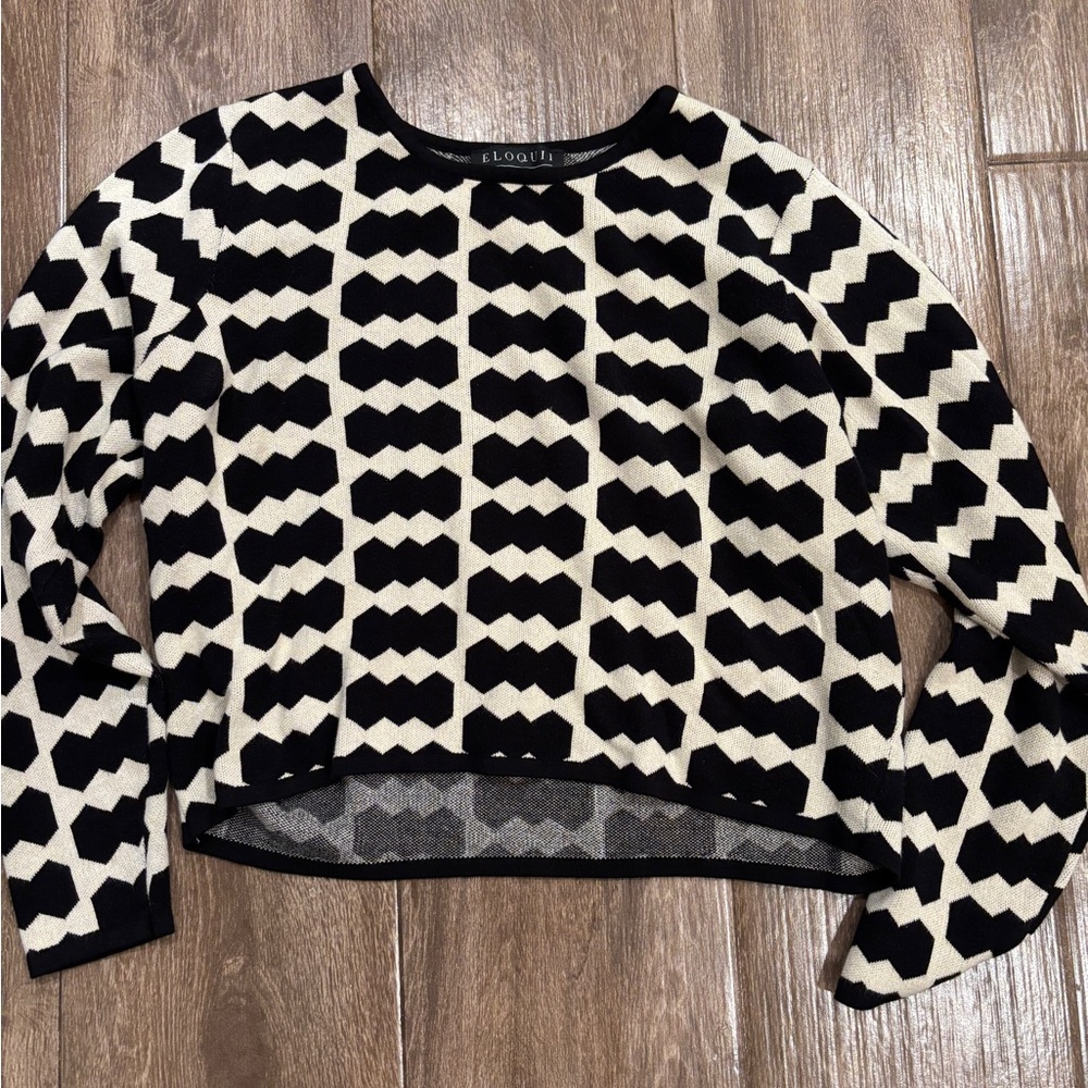 Eloquii Black & White Geometric Crewneck Cropped Sweater size 18/20 Fall Retro